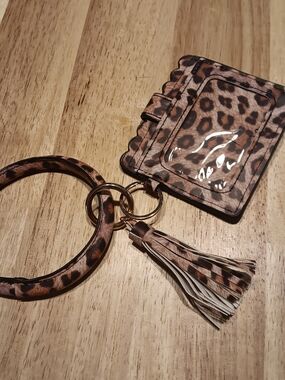 Leopard Print Wristlet Card Holder Keyring with Tassel - Brown